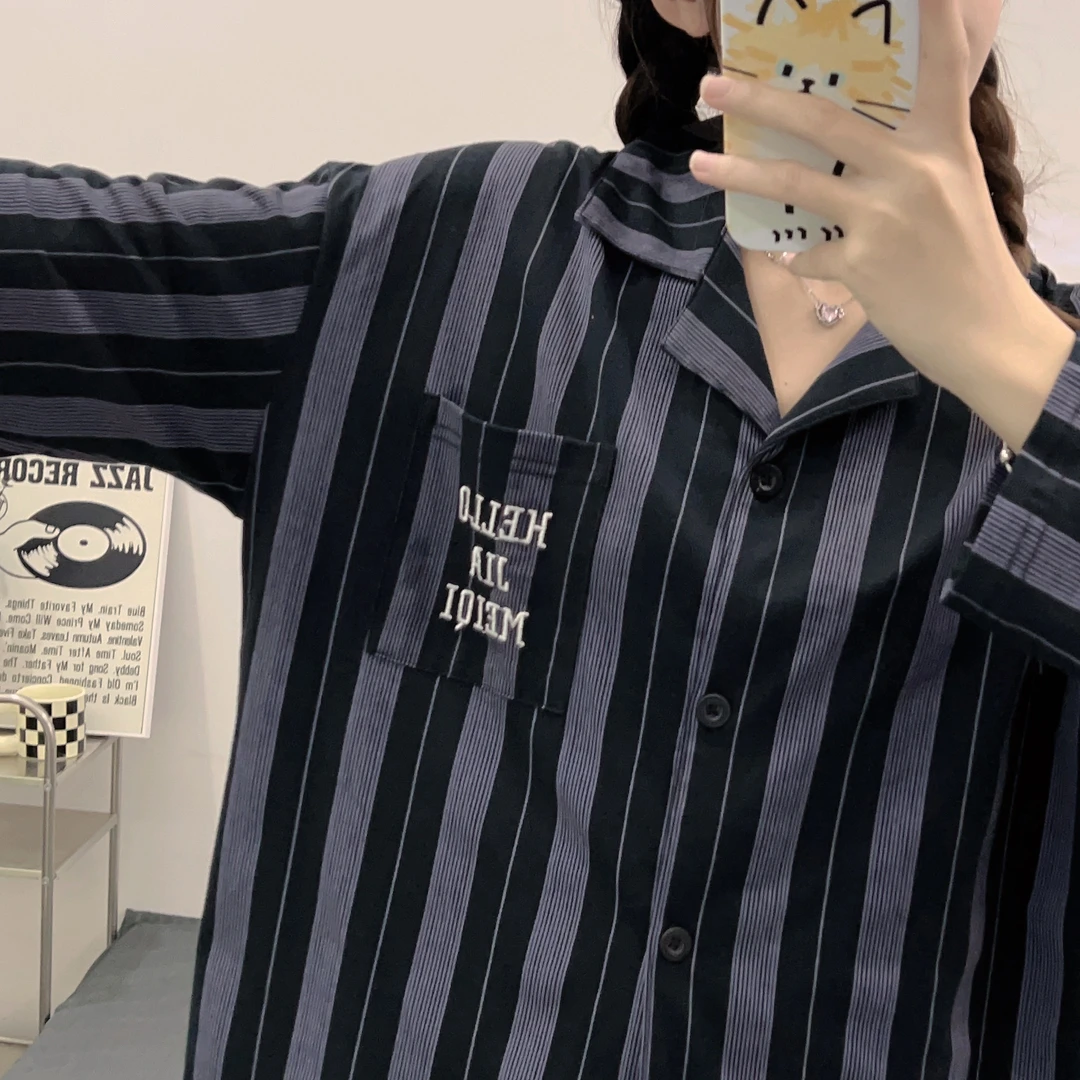 韩系条纹高级感男女睡衣春秋季长袖长裤大码休闲情侣家居服套装