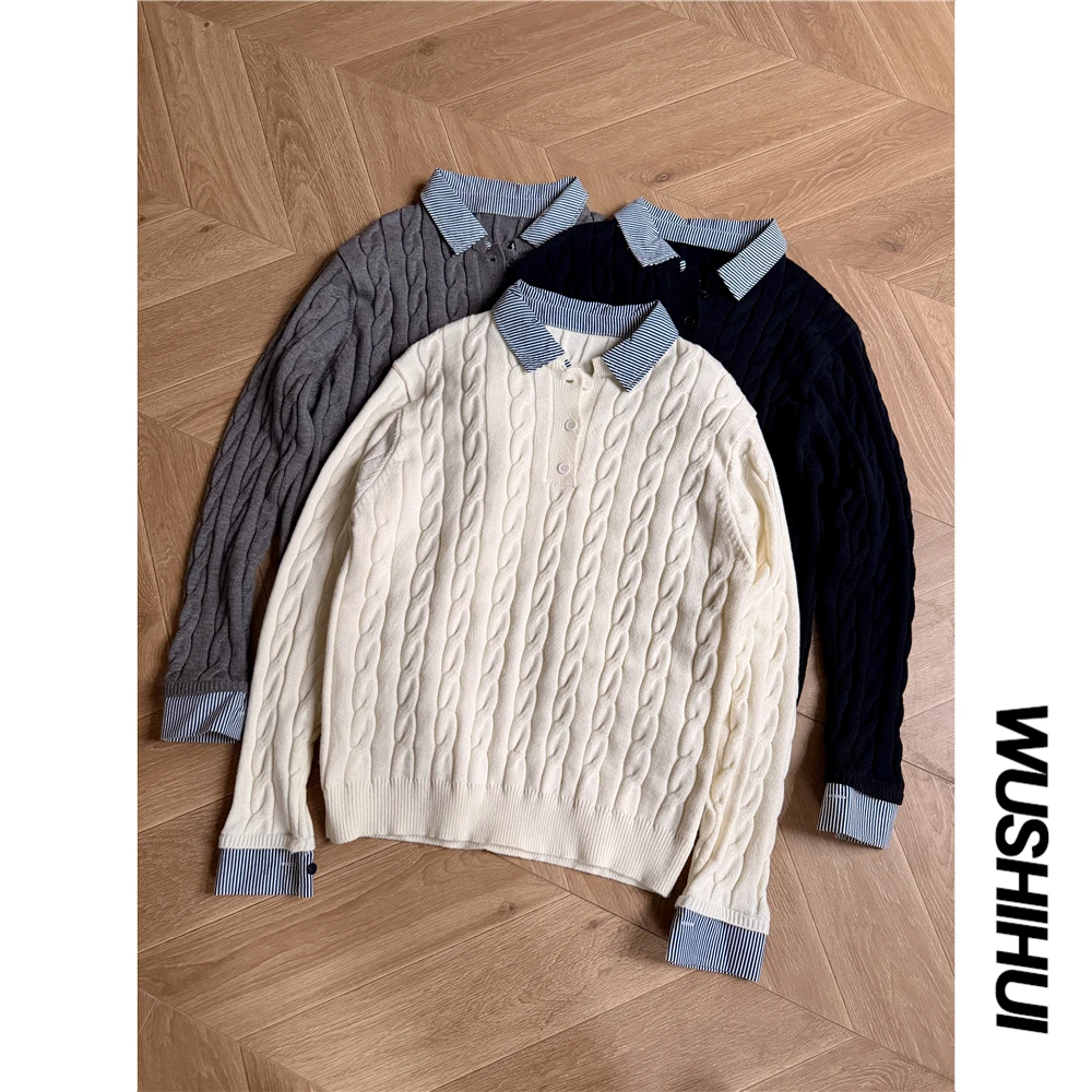 老钱风麻花纹假两件毛衣男秋冬季高级感绞花套头polo领针织衫