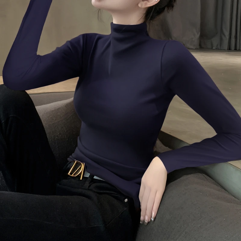2025新款秋冬半高领黑色针织修身打底衫长袖高级感T恤内搭上衣女