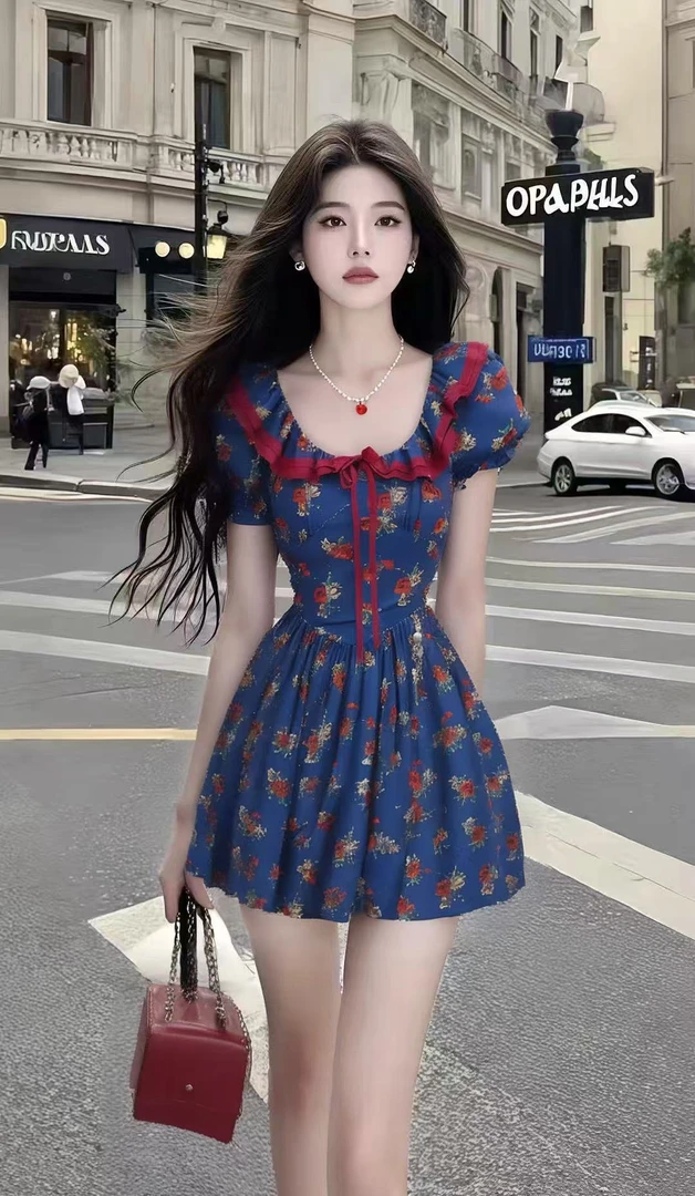 夏季新款藏青色U领碎花短袖修身收腰设计感连衣裙女时尚气质女装