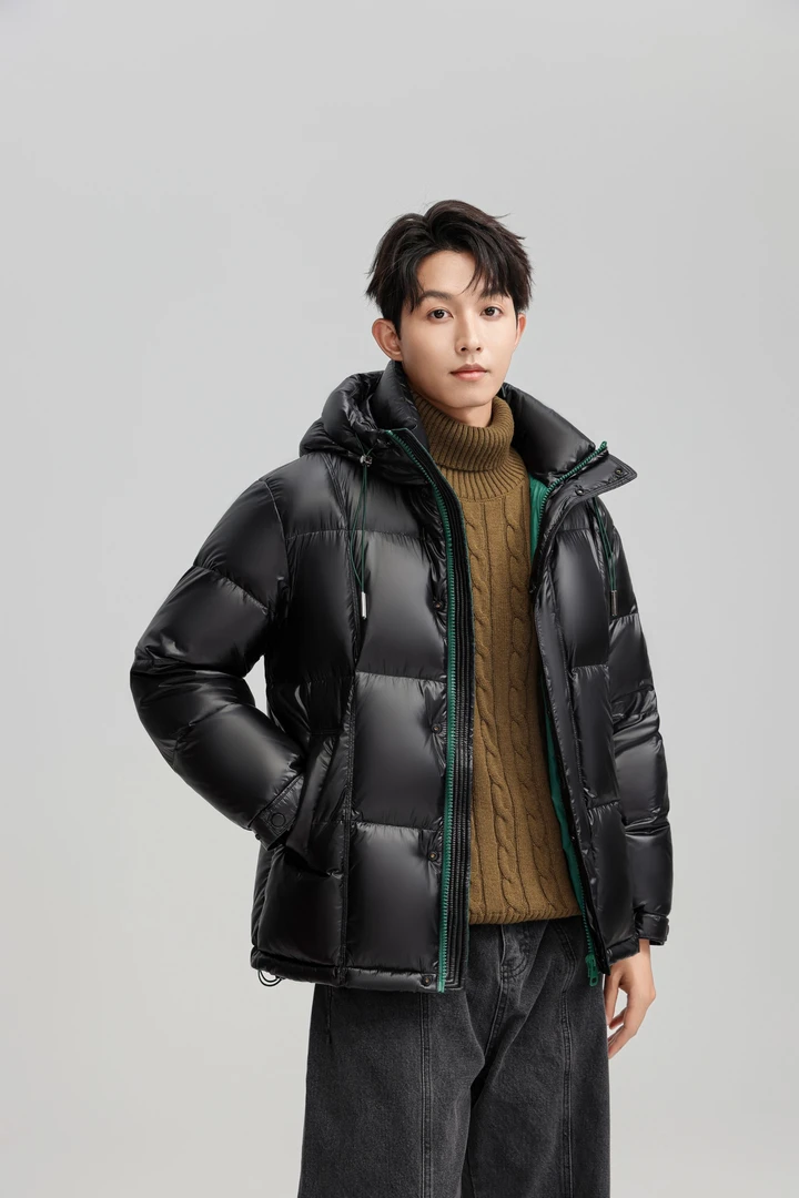 9827-冬季两色连帽亮面时尚厚款鸭绒保暖休闲情侣防风净色羽绒服