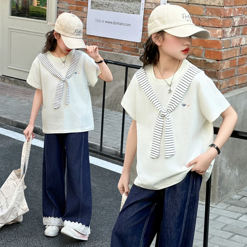 中大女童夏季学院风短袖套装2025新款儿童洋气薄款直筒裤韩系夏装