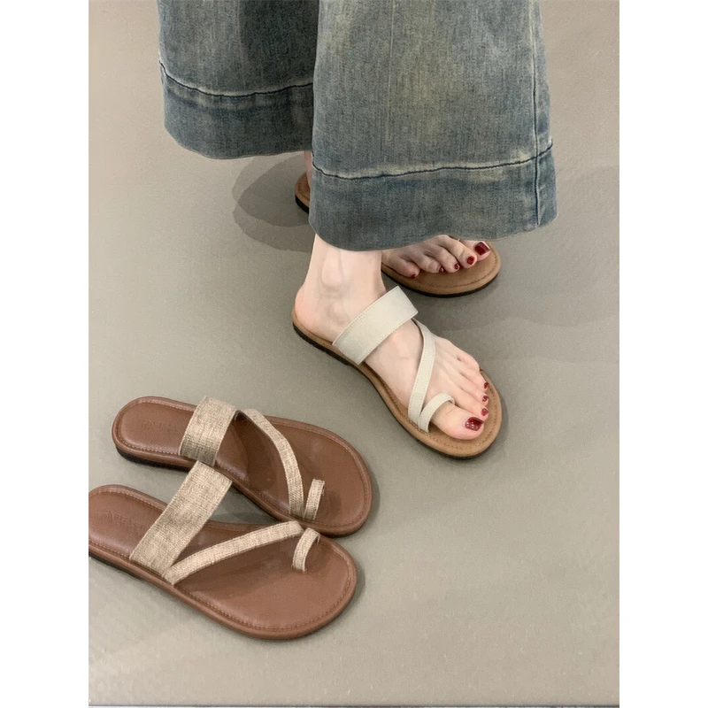 WL033-62套趾罗马凉鞋夏季韩版ins风亚麻夹趾度假沙滩平底凉拖鞋