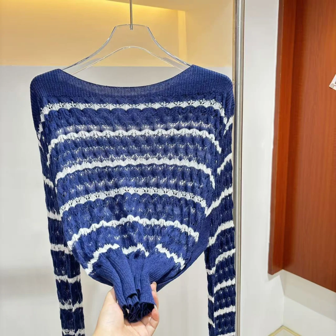 Mozch  羊M超柔软软糯镂空小撞色条纹一字领针织【长51】2242