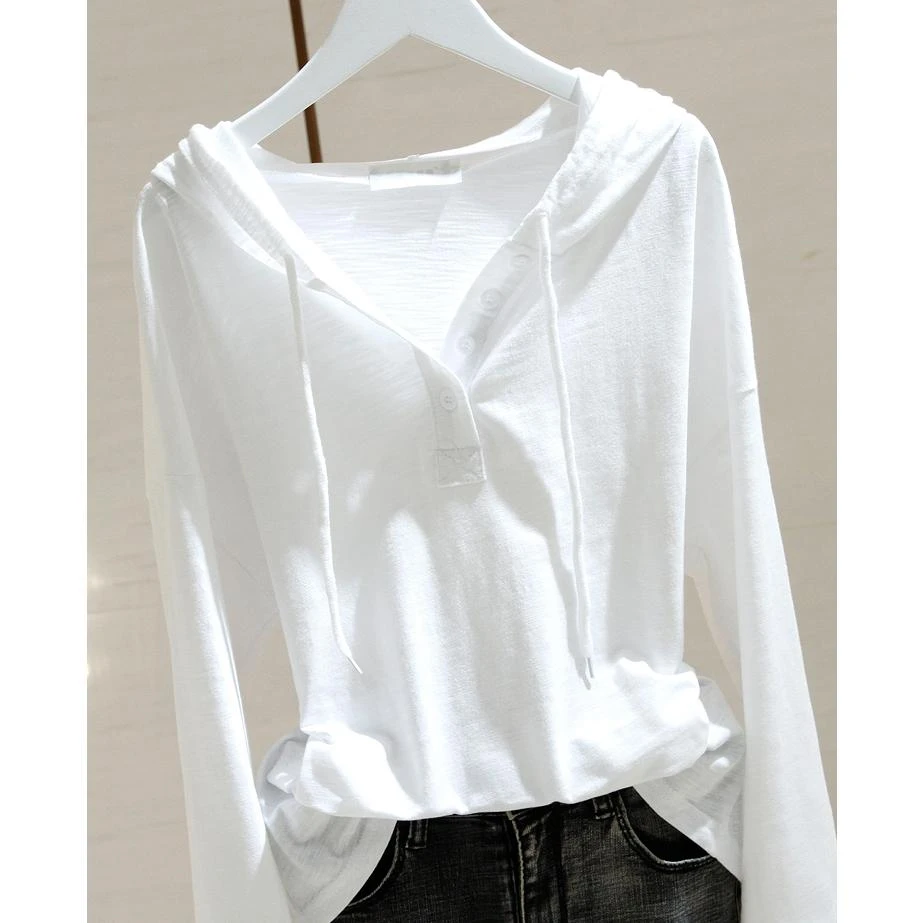 竹节棉白色连帽长袖T恤女20 25时尚新款宽松显瘦内搭打底衫百搭衣