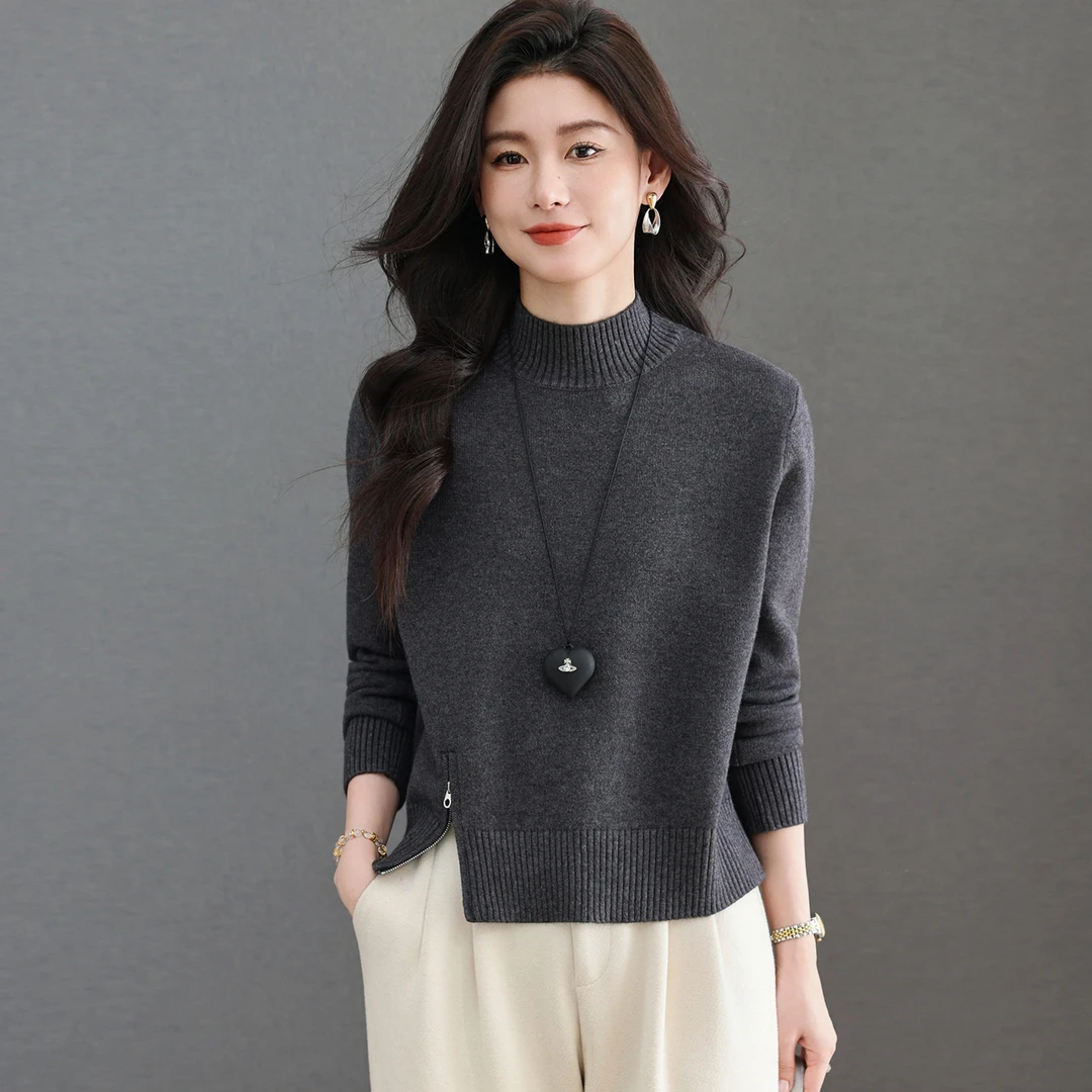 半高领加厚毛衣女士2025秋冬季新款纯色针织打底衫内搭拉链上衣服