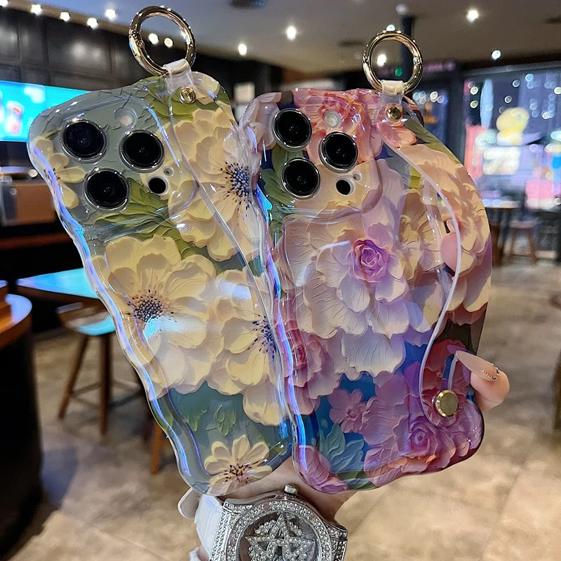 适用苹果系列iPhone16新款手机壳国粉白牡丹花精孔腕带支架扭扭边