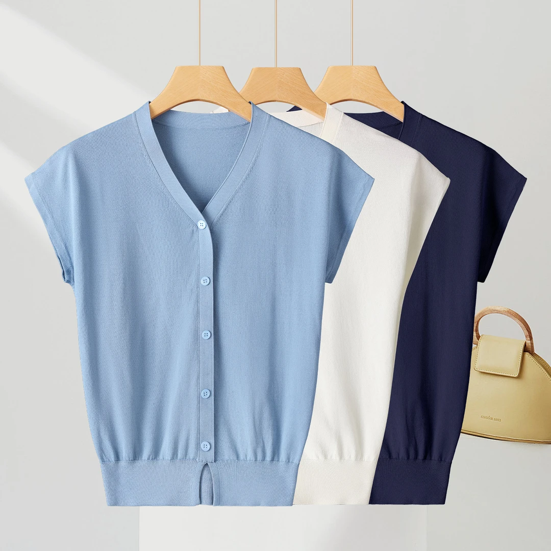 【夏季薄款】轻奢夏季V领针织衫高级感百搭2025显瘦纯色法式优雅衫