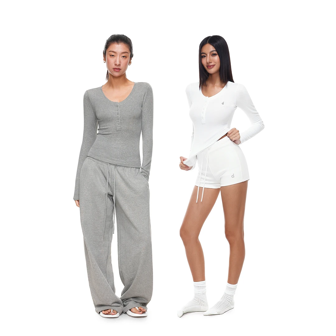 FDR旗舰店 亲肤弹力U领亨利衫修身长袖t恤女运动紧身休闲打底上衣