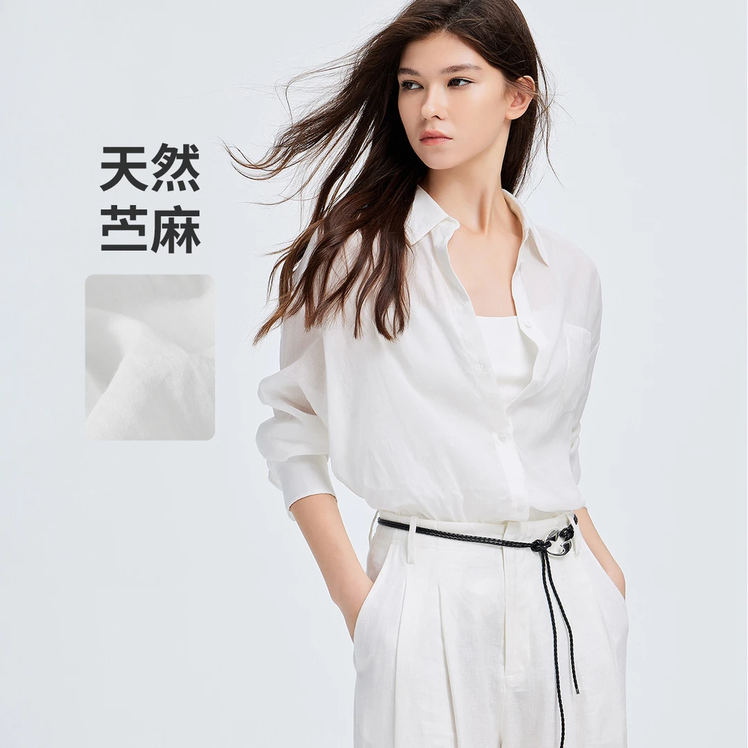[轻薄透感]navigare意大利小帆船透气棉麻长袖衬衫女士柔雾感外搭