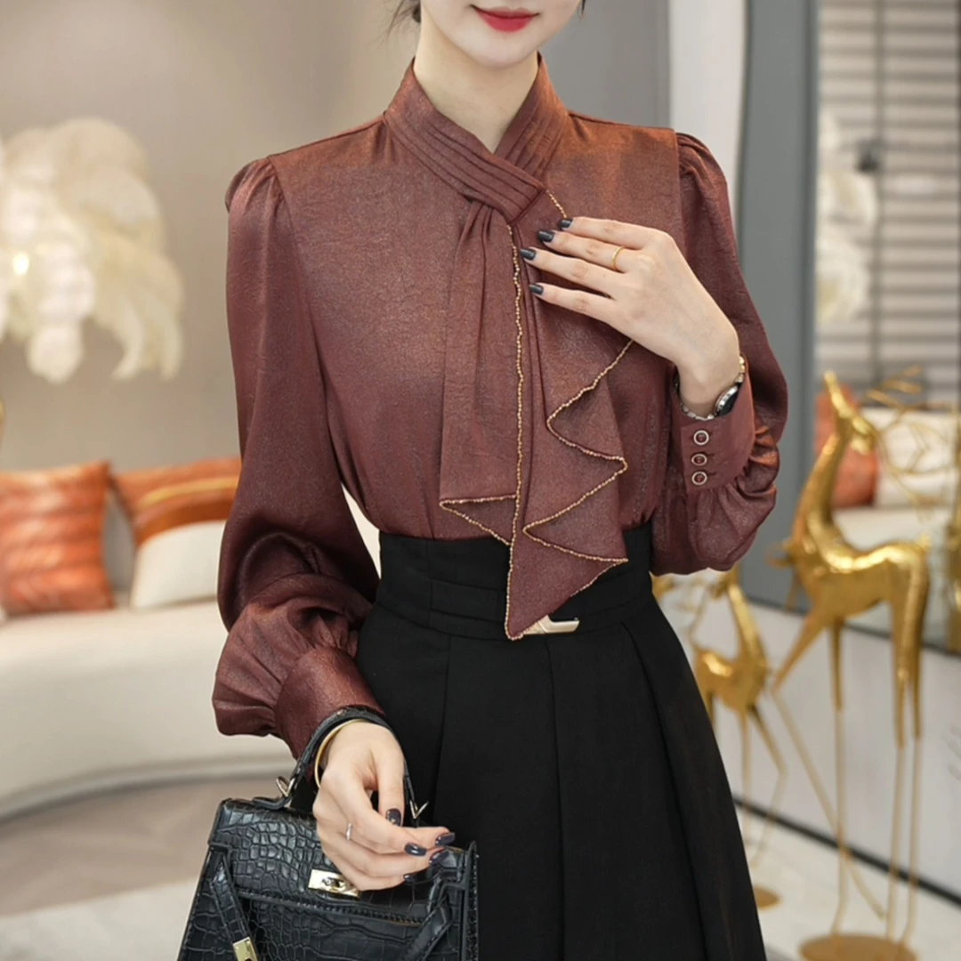 现货2025秋冬新款【X24-Q282】轻奢高级气质优雅红色衬衫上衣女