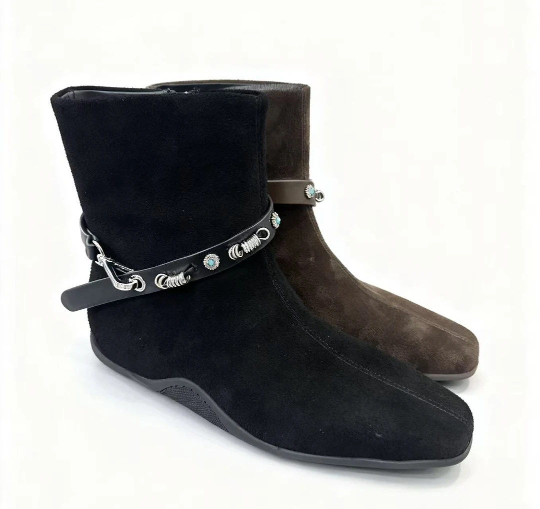 5017-2方头女冬季内增高短靴毛绒中筒靴高跟粗跟时尚鞋