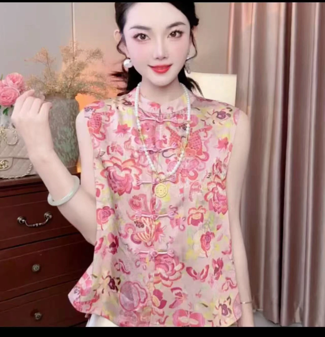 马甲百搭夏季提花圆领常规款马夹无袖印花气质时尚上衣