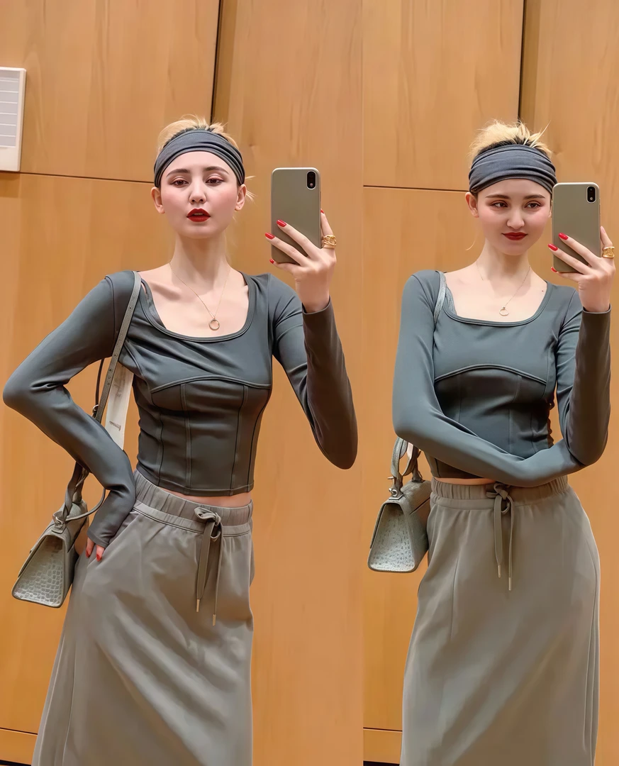 瑜伽服女短款方领鱼骨线修身运动健身长袖上衣1058