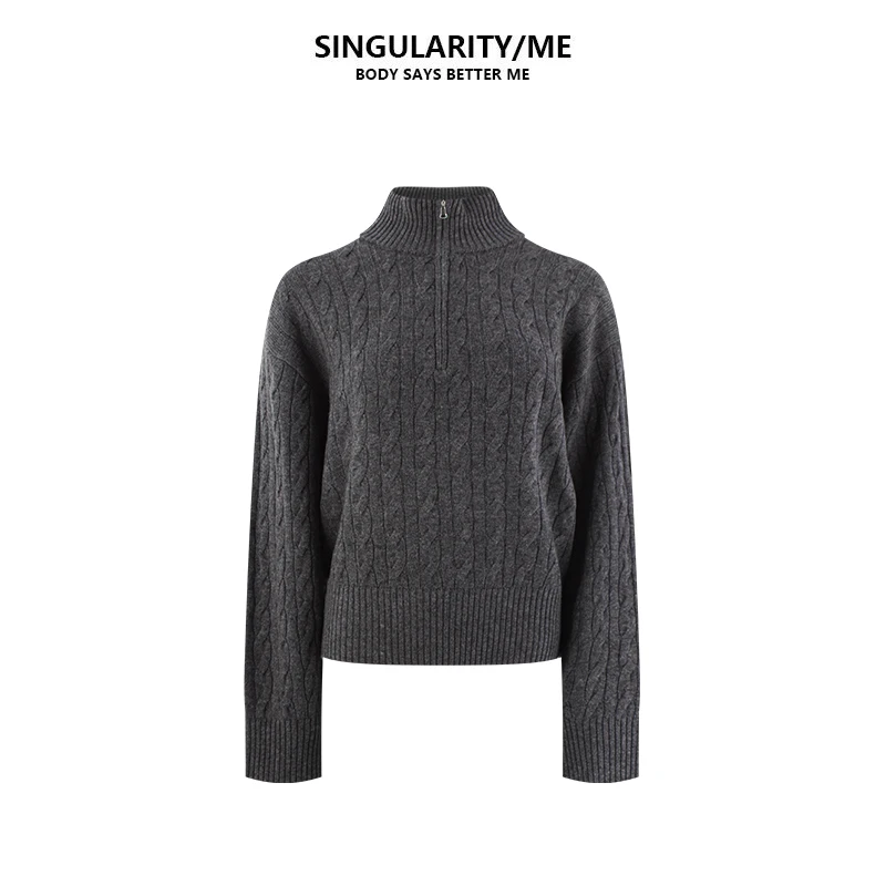 Singularity Me 11A 26677 绵羊毛立领半拉链绞花套头针织衫毛衣