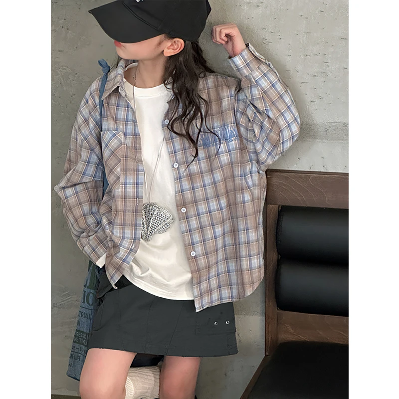 K28225扎染女童格子衬衫2025春装新款儿童外套女大童春秋上衣休闲