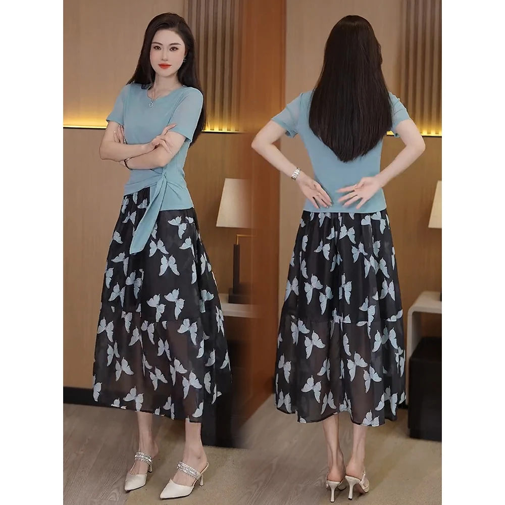 时尚套装裙女2025夏季新款洋气设计感不规则T恤网纱半身裙两件套