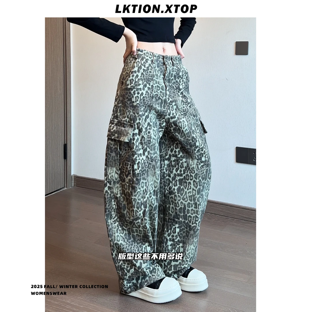 LK正品 美式高街vibe豹纹弯刀牛仔裤男vintage宽松阔腿休闲长裤潮