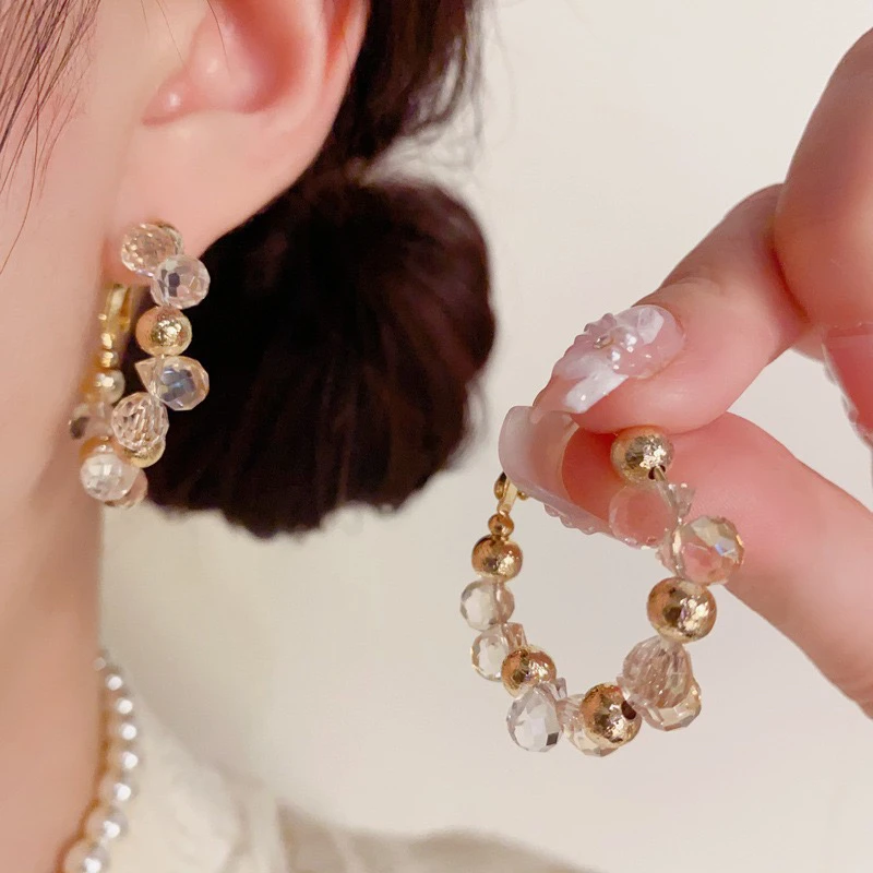 铜合金耳饰 精品/个性时尚简约夸张水晶金属球球耳圈气质轻奢耳环