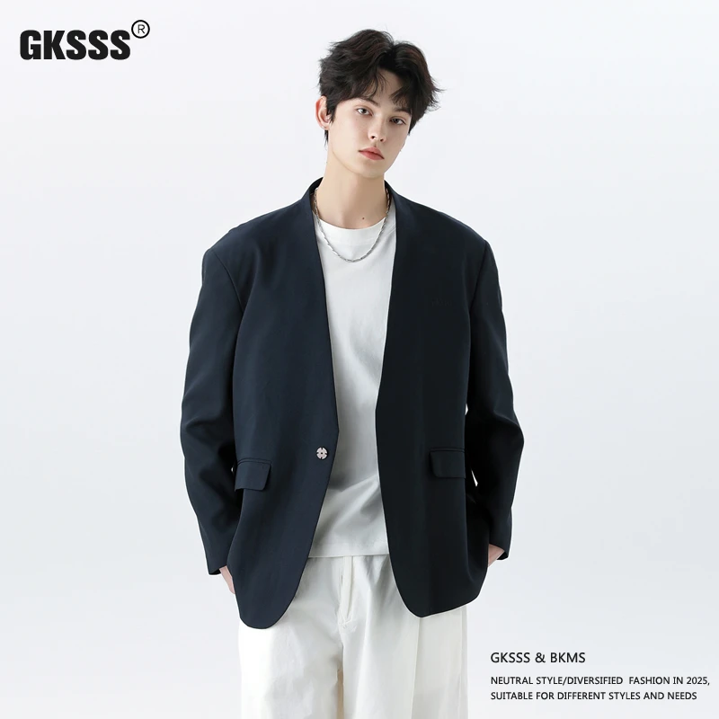 GKSSS高级感韩系宽松休闲西服男潮流帅气无领西装高品质外套