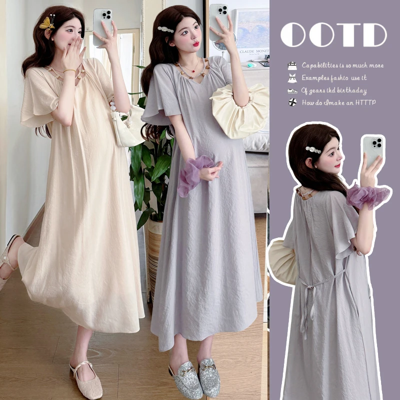 { 糕糕 }孕妇装2025夏季新款韩式流行手工钉珠宽松显瘦绑带连衣裙