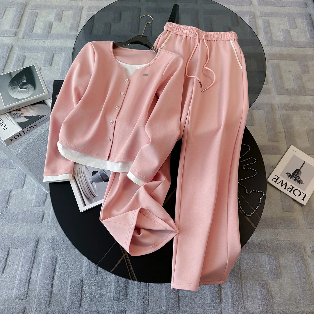 高品质时尚气质减龄套装女秋季新款拼接假两件上衣阔腿长裤两件套