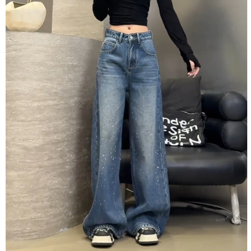 小个子蓝色牛仔裤女2025新款冬季裤子加绒加厚高腰时尚宽松直筒裤