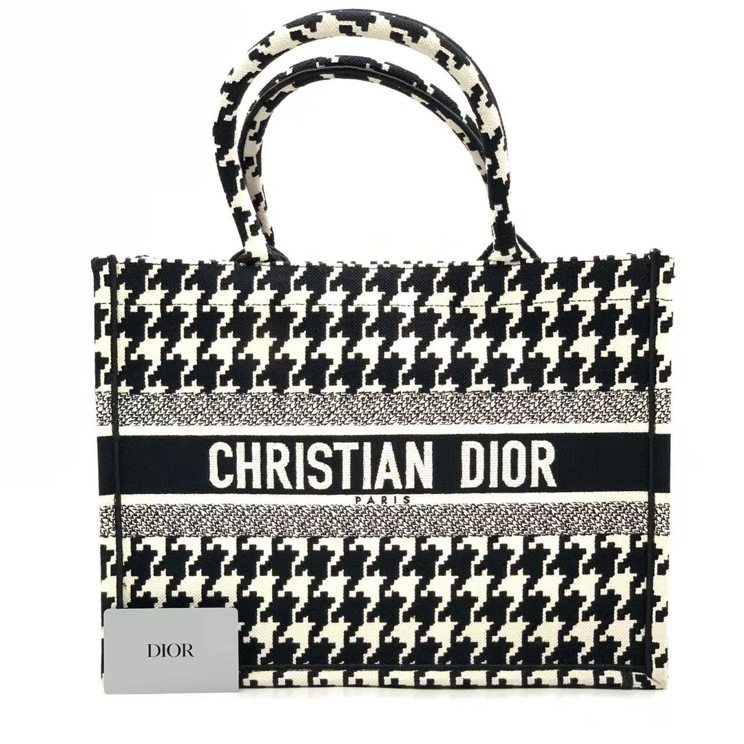 99新 DIOR/迪奥 熊猫色千鸟格中号托特包