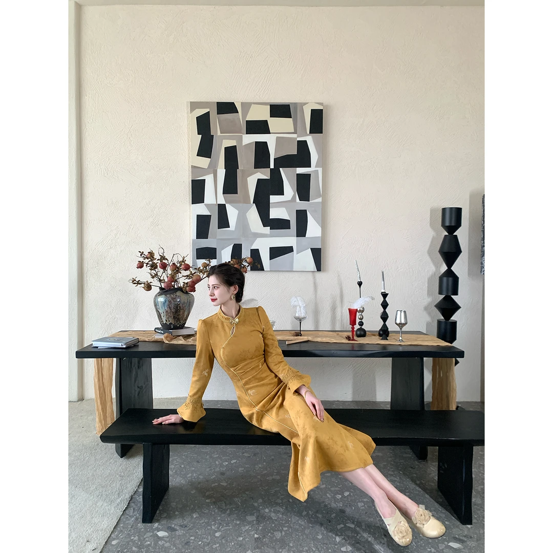 现货一生罗曼【锦鲤】新中式提花水滴领长袖旗袍连衣裙秋季女L1545