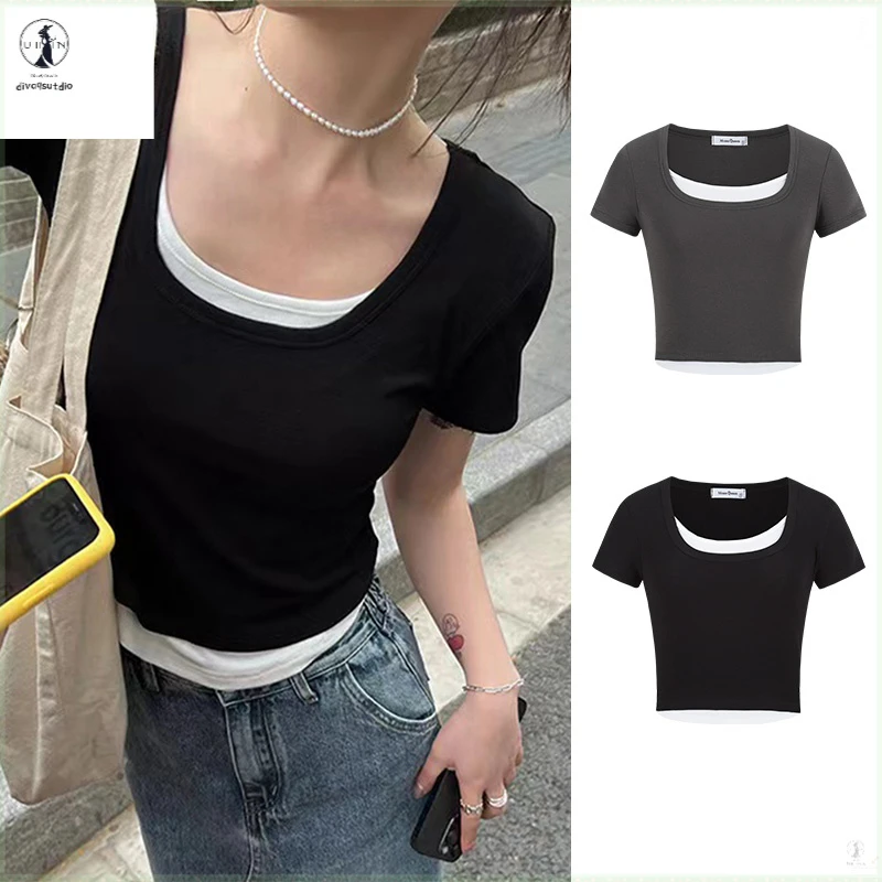 夏天休闲拼接圆领短袖T恤修身显瘦设计感上衣品质女装透气棉氨弹