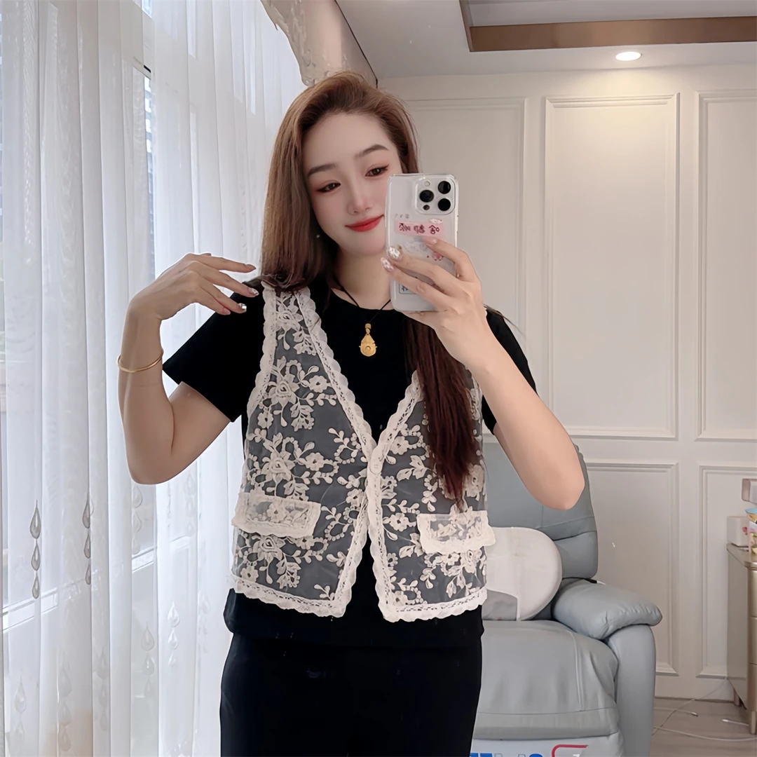 2568现货夏季短袖T恤蕾丝马甲假两件显瘦女装圆领法式黑色上衣