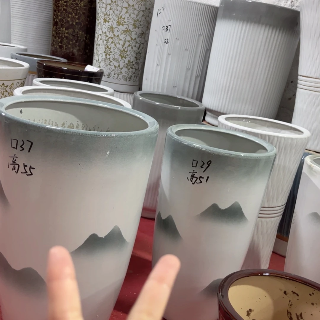莫*女高山水两个盆陶瓷花盆微瑕