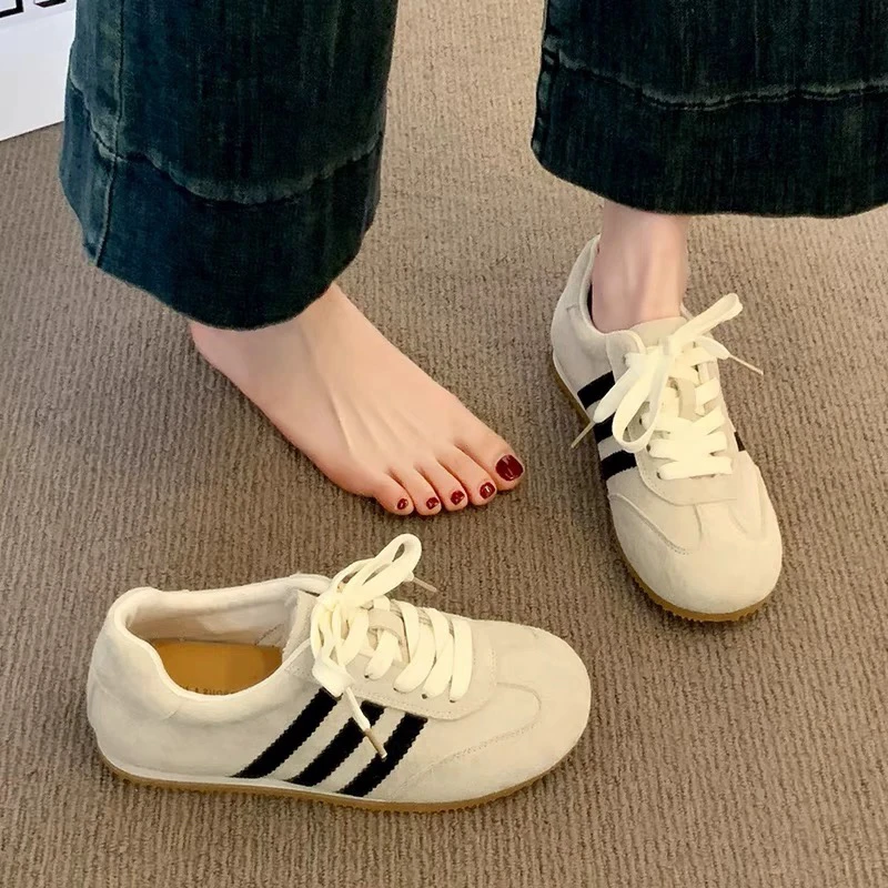 三福真皮德训鞋女2025新款春季复古百搭休闲运动板鞋阿甘小白鞋子