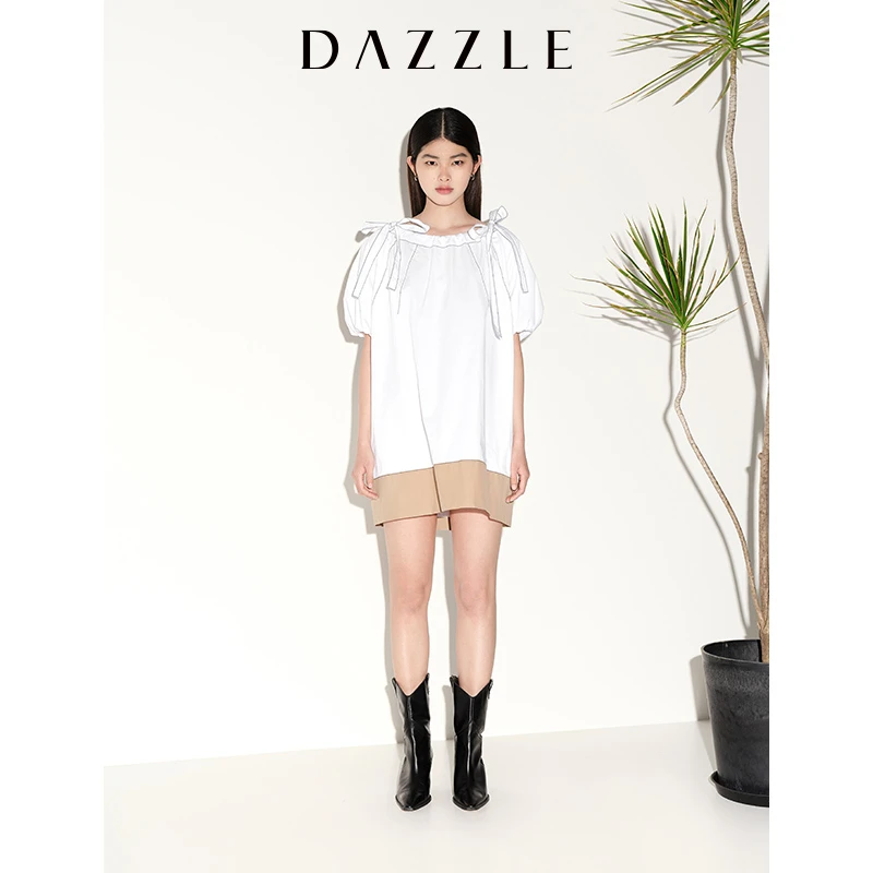 【下架】DAZZLE地素女款蝴蝶结撞色泡泡袖连衣裙2E2O483