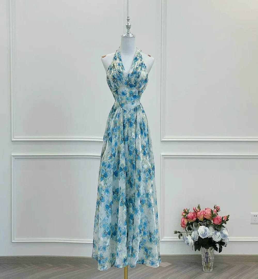 BECHARMING「波罗的海」法式收腰修身夏季时尚碎花度假连衣裙Q0971