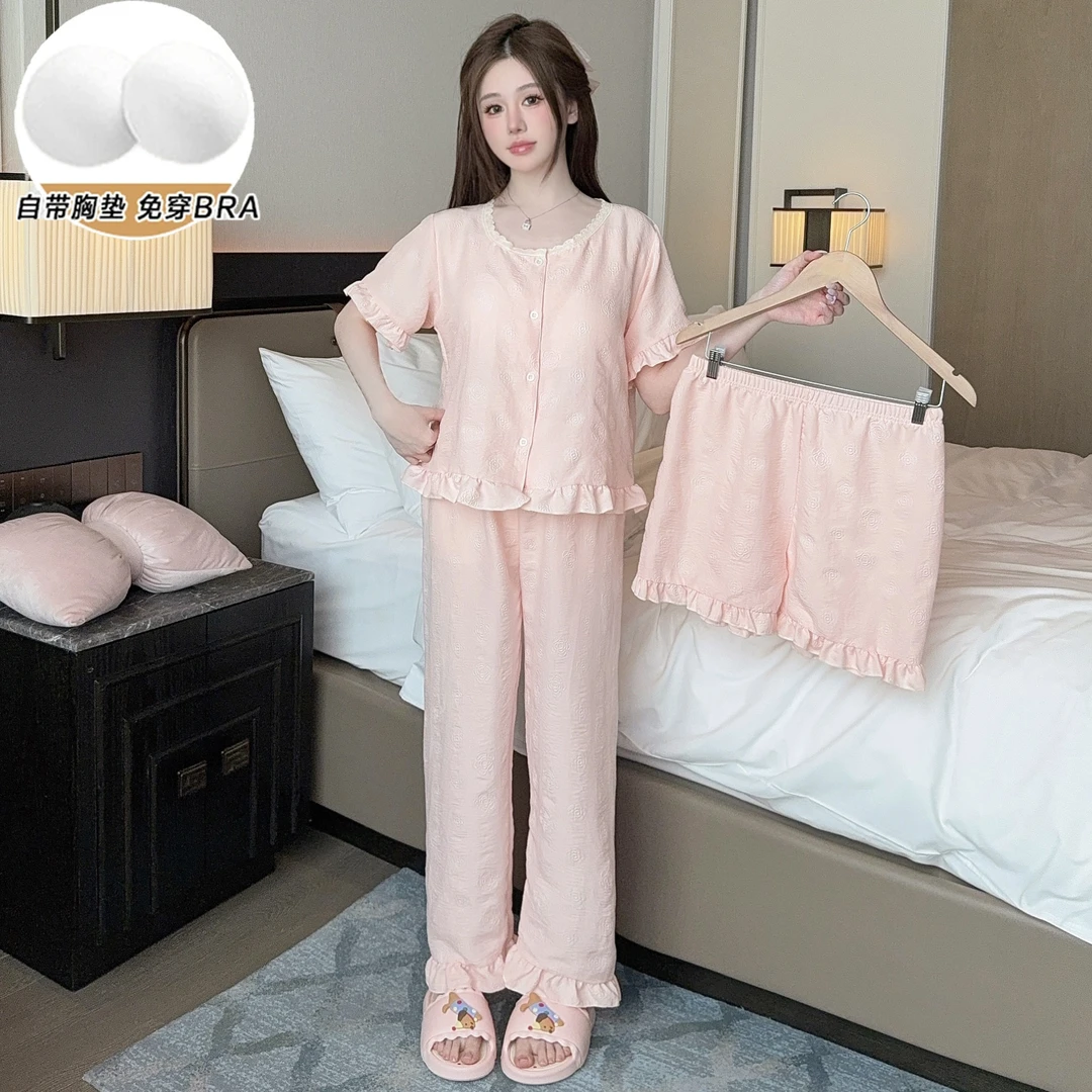 【压花花朵】夏季新款棉纱短袖睡衣女带胸垫三件套粉色公主风家居服