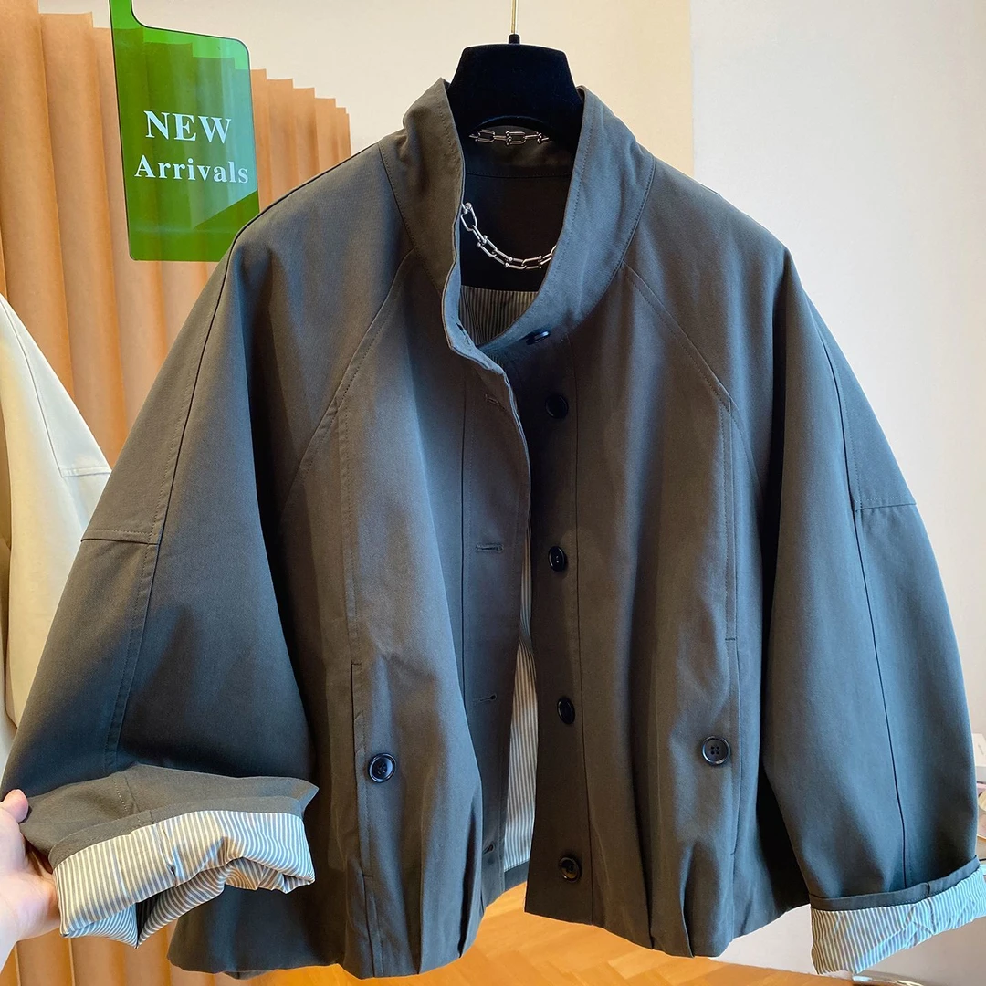 2025新款宽松休闲内里条纹短款风衣上衣欧货英伦风立领夹克外套女