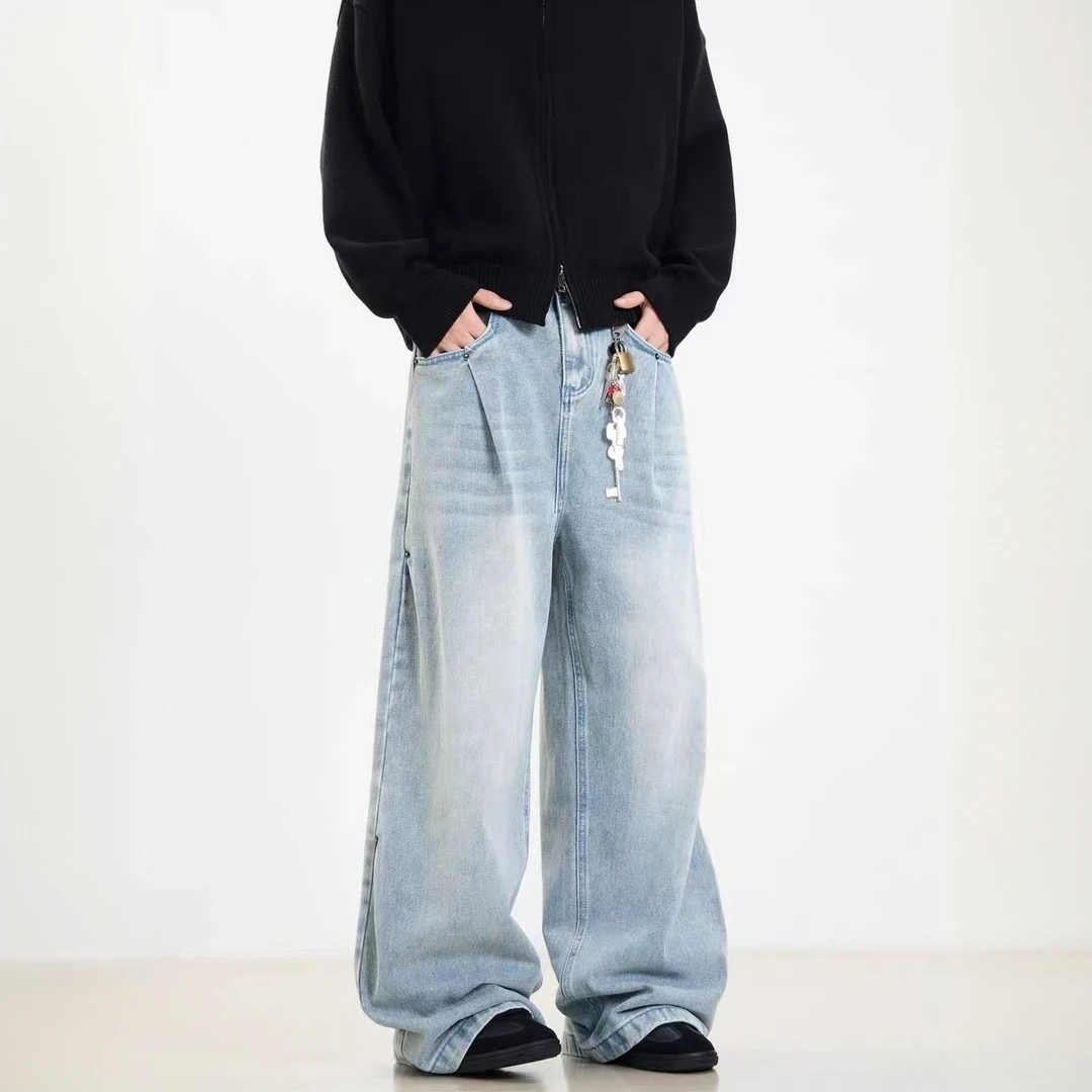 美式复古侧边双斜褶水洗蓝色牛仔裤男女宽松直筒阔腿休闲长裤子潮