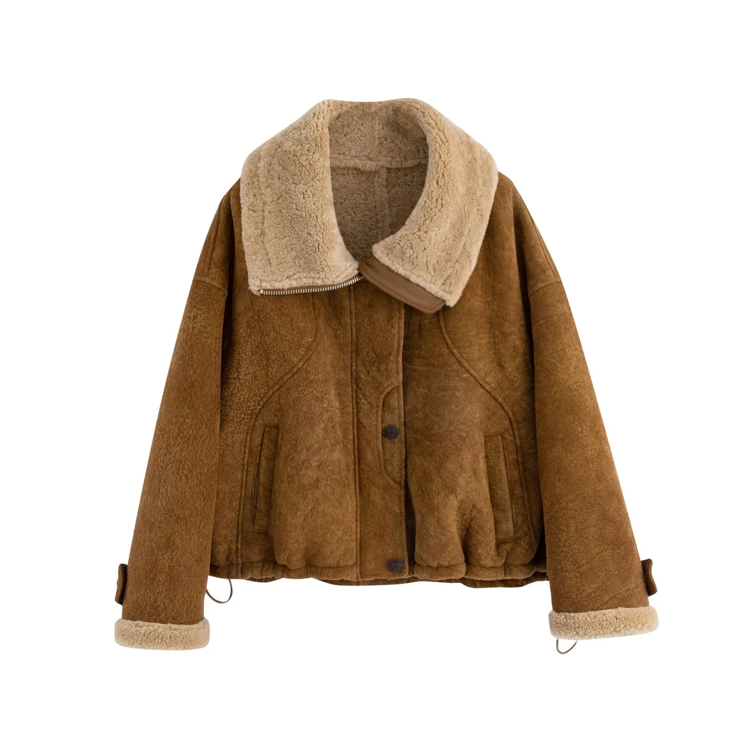 2024冬季新款美利奴绵羊毛原胚皮毛外套女士水磨绒面5001