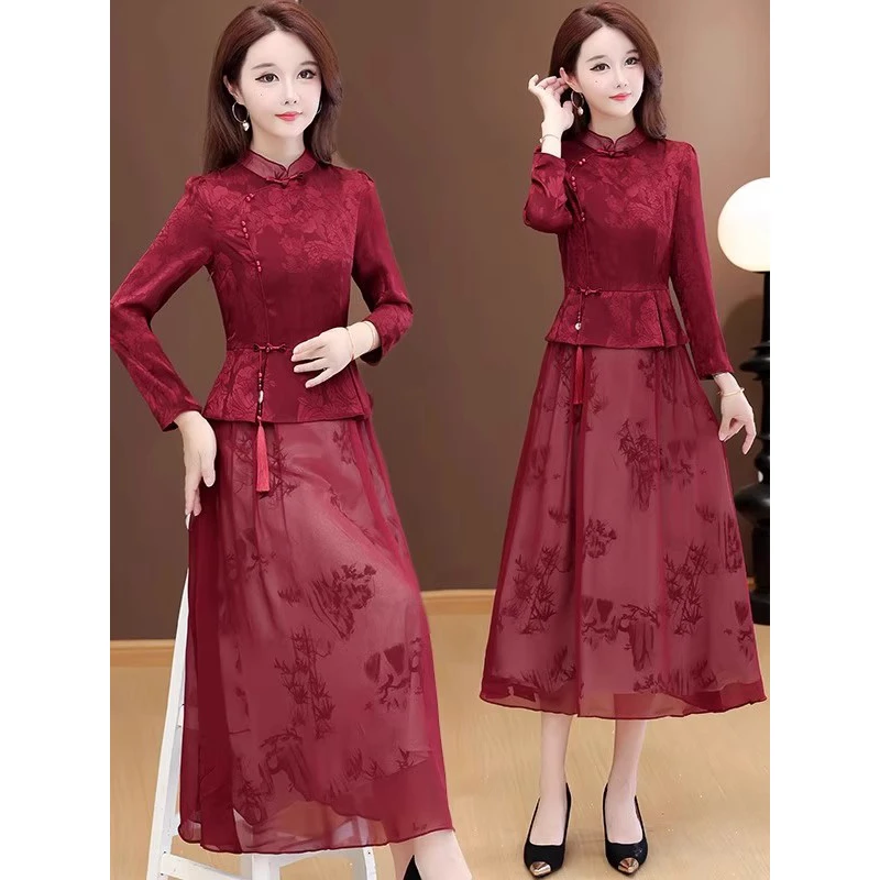 拉夏贝尔喜庆红色假两件连衣裙女2025新款秋季国潮风立领喜装裙子