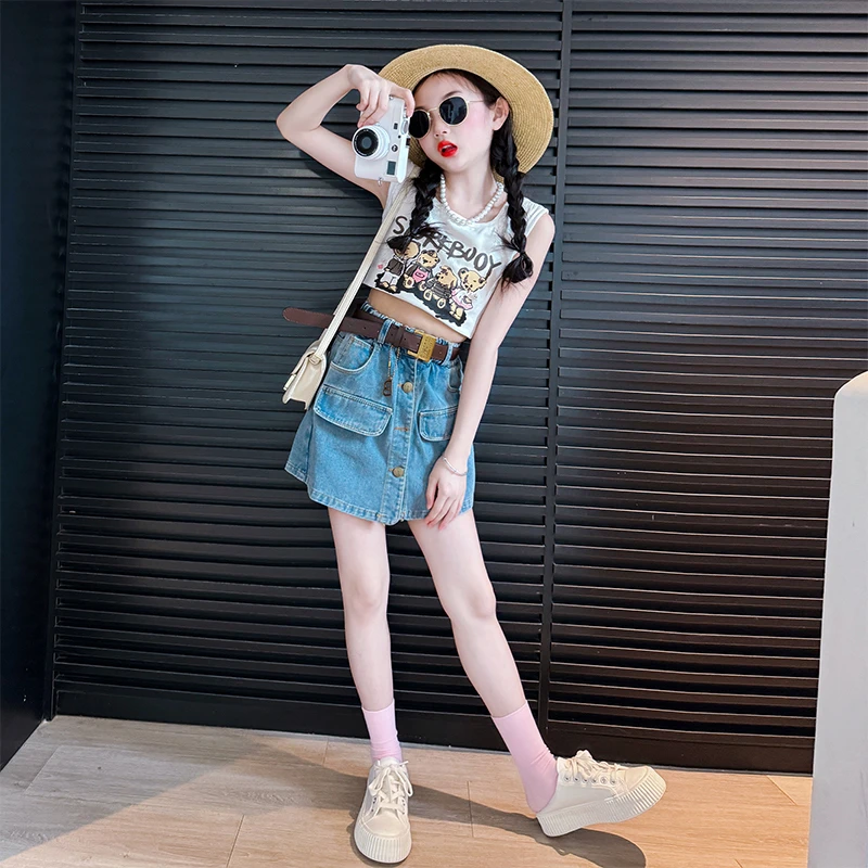 女童牛仔短裤套装夏季2025新款儿童女孩大童又酷又飒的童装辣妹装