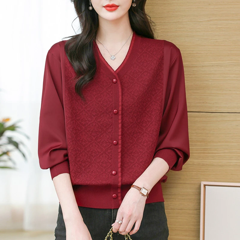 桑蚕丝长袖针织衫春装女款2025年新款大码女装洋气妈妈装春秋上衣