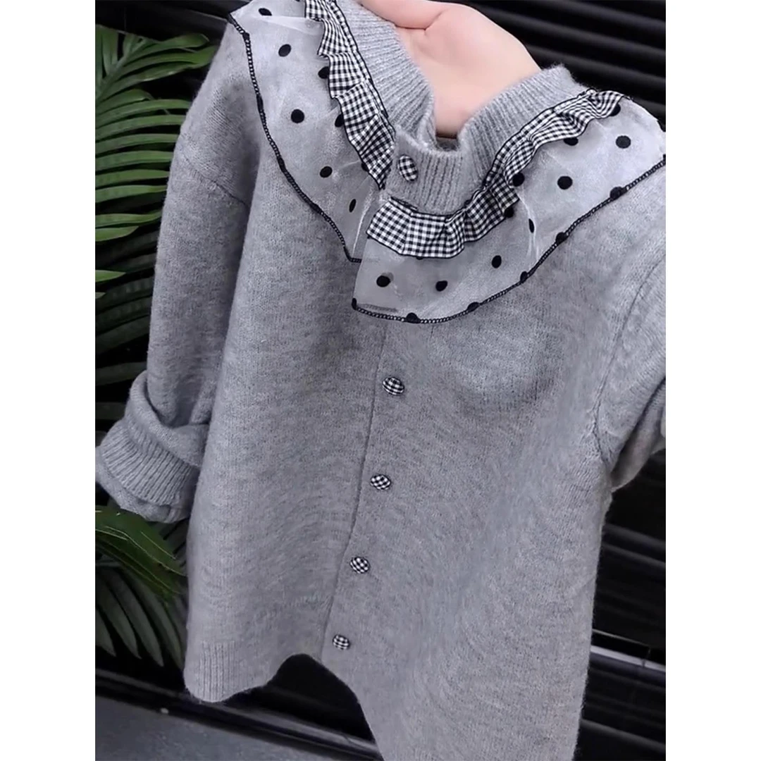 格雷系灰色毛衣开衫女2025秋季新款韩版蕾丝波点针织衫巨好看上衣
