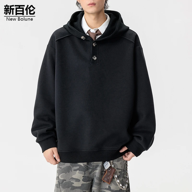 新百伦/NEW BOLUNE港风重磅连帽卫衣男秋季新款纽扣宽松长袖上衣