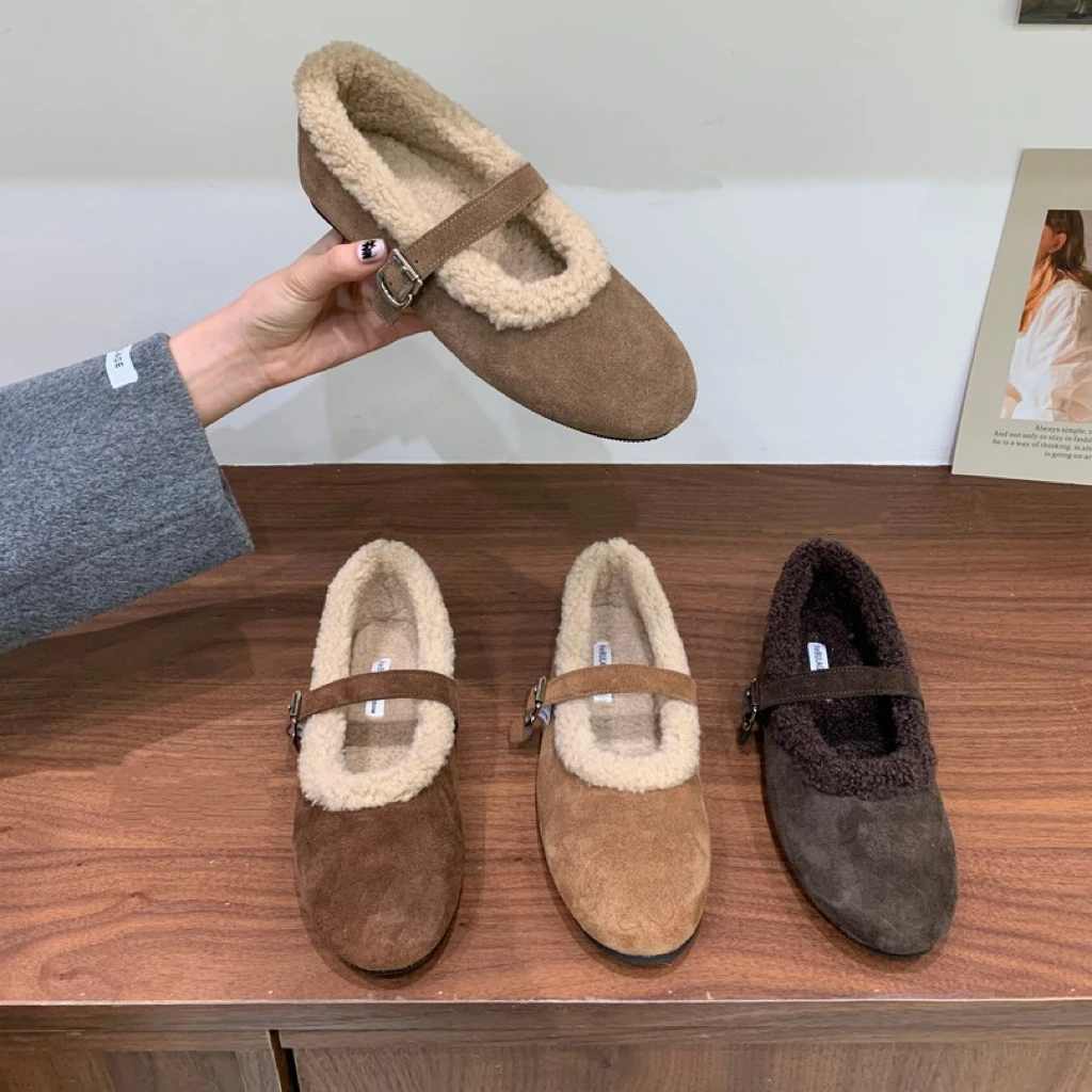 软皮版! 复古羊糕毛玛丽珍鞋女平底2025秋冬毛毛鞋豆豆鞋加绒瓢鞋