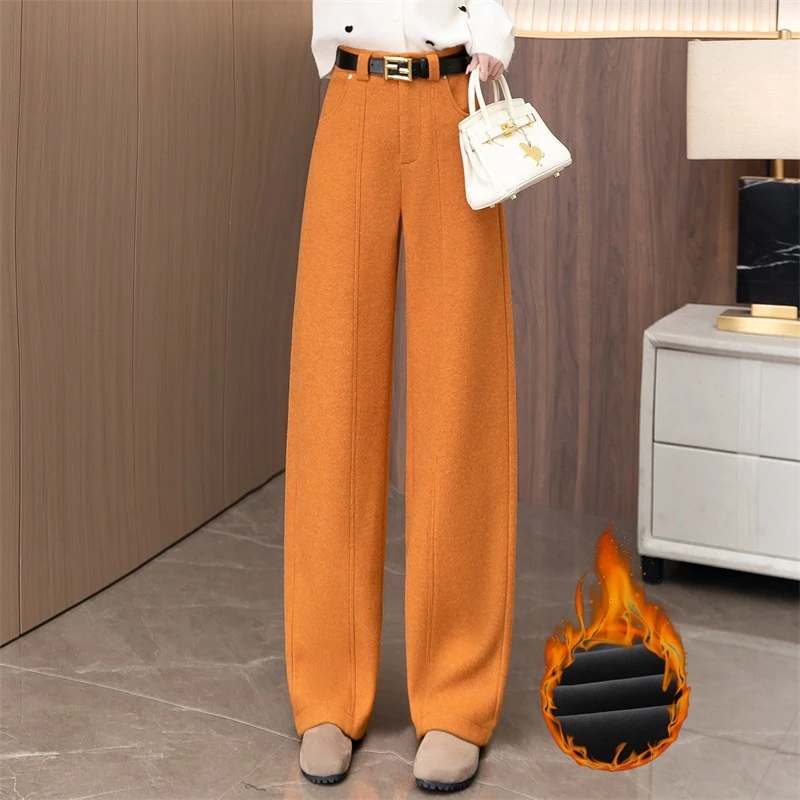 高腰加绒加厚弯刀阔腿裤慵懒风冬季保暖休闲直筒裤秋冬外穿带皮带