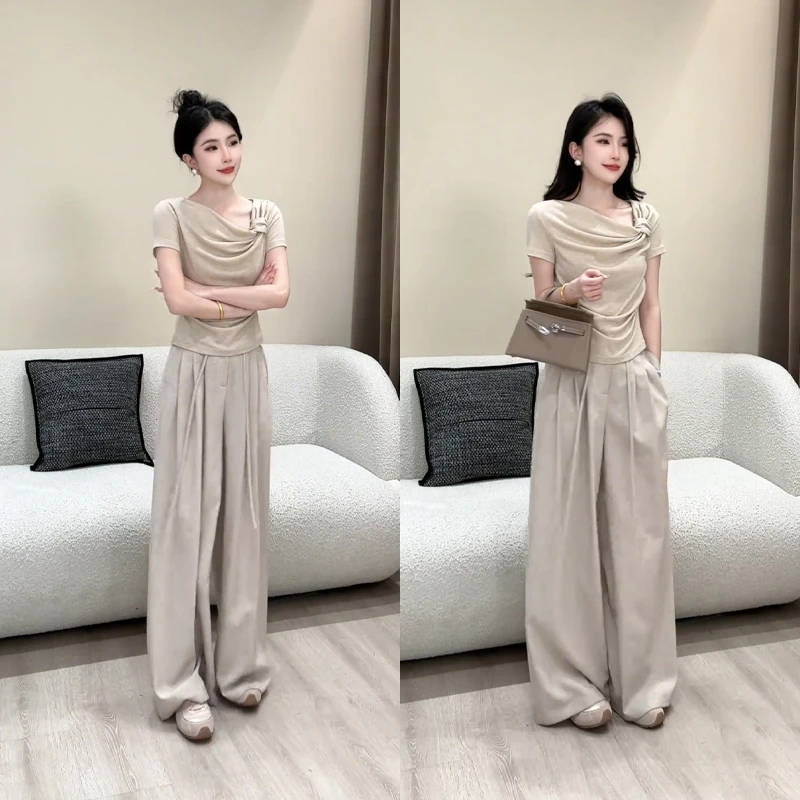 2025夏季新款设计感蝴蝶结斜领不规则露锁骨褶皱收腰短袖T恤上衣