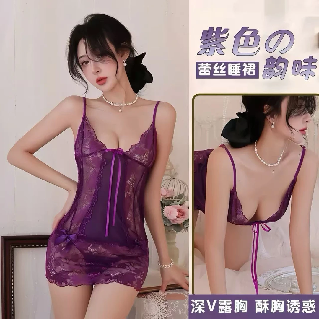 丝欲 失控 蕾丝绑带透视性感睡裙深v花边纯欲辣妹约会睡衣