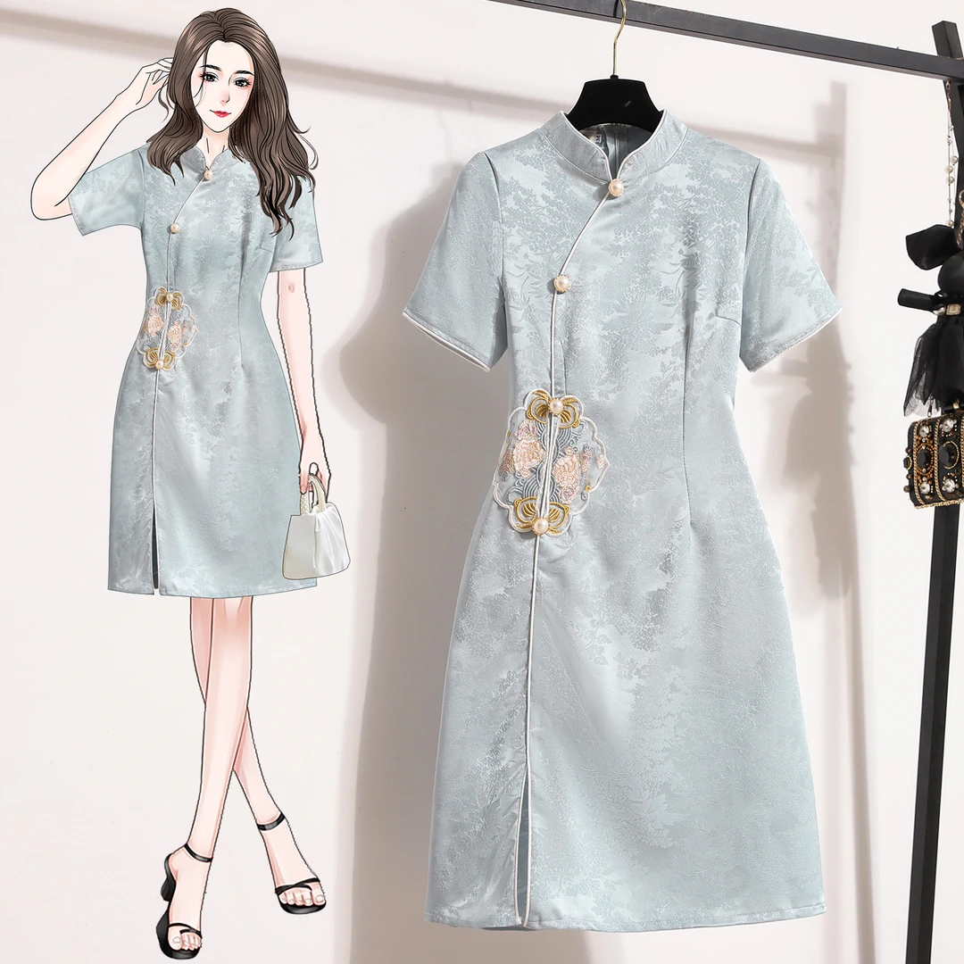 实拍2024新款胖mm旗袍连衣裙夏季女款设计感小众国风中长款