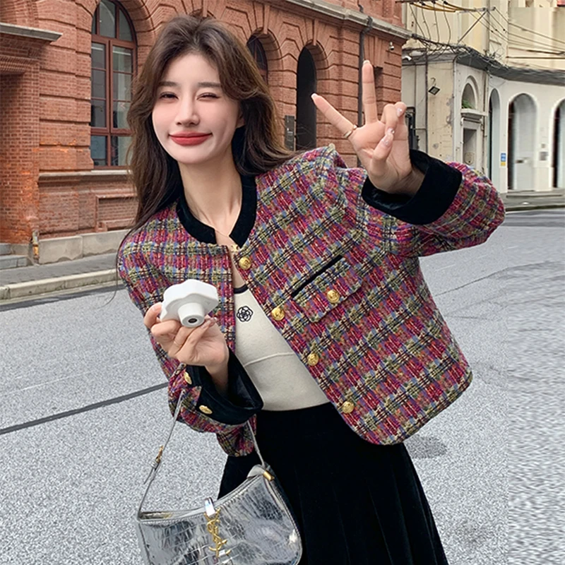 高级感小香风格子外套女2024秋季新款马术服格子外套短款百搭法式
